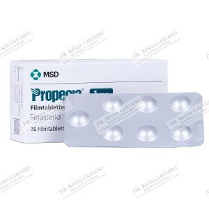 Confezione di Propecia con il blister delle compresse di finasteride